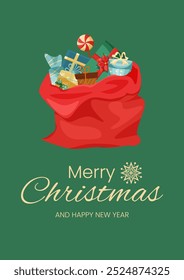 Merry Christmas card on green background. Red bag with Christmas gifts and words Merry Christmas and Happy New Year. Vector poster, card.