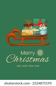 Merry Christmas card on green background. Sleigh with gifts and words Merry Christmas and Happy New Year. Vector poster, card.