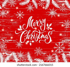 Merry Christmas card on red textured background. Place for text. Handwritten lettering Merry Christmas isolated on background. Vector illustration