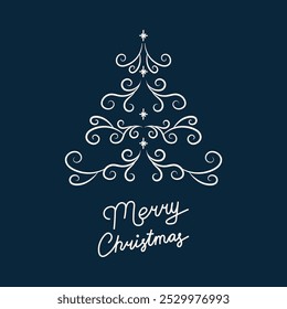 Tarjeta de la Feliz Navidad con el árbol de navidad abierto. Tarjeta de felicitación sobre fondo oscuro. Navidades y Año Nuevo. Ilustración vectorial.