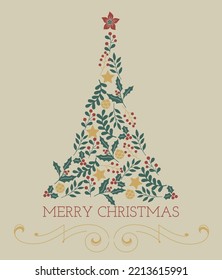 Merry christmas card ornament decoration natural foliage design elegant card print background vector illustration