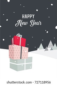 Merry Christmas card with outdoor winter scene and presents. vector illustration