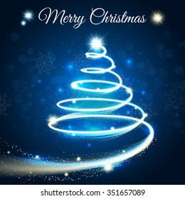 Merry christmas card with outline tree drawn by light blue strip on darck blue background vector illustration