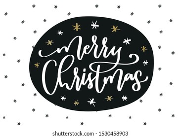 Merry Christmas card, oval label design, with white snowflakes and gold stars clipart.  Gift tag, sticker, wrapping decoration, wall art.