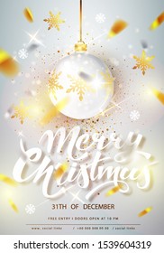 Merry Christmas  card over gray background with golden confetti. Holiday card. Template for your design. Vector illustration.