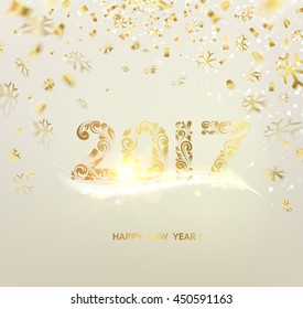 Merry Christmas card over gray background with golden sparks. Happy new year 2017. Holiday card. Template for your design. Vector illustration.