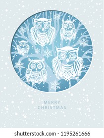 Merry Christmas card with Owls