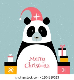 Merry christmas card with panda