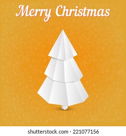 Merry christmas card with paper tree at orange background