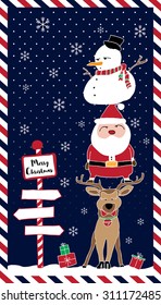 Merry Christmas card pattern at night with Santa, reindeer, snowman, snow green red and stripe red-white frame