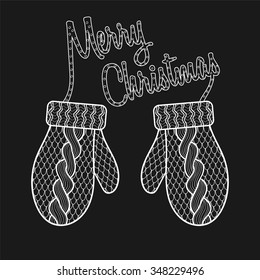 Merry Christmas card with patterned wishes and knitted mittens in zentangle style for adult coloring pages. High detailed  winter vector illustration.