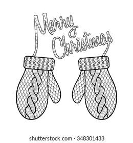 Merry Christmas Card With Patterned Wishes And Knitted Mittens In Zentangle Style For Adult Coloring Pages. High Detailed  Winter Vector Illustration On White Background.