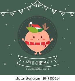 Merry Christmas card. Peach character. A peach character wearing a santa claus hat. Peach characters wearing reindeer antlers. Happy new year. Illustration vector.