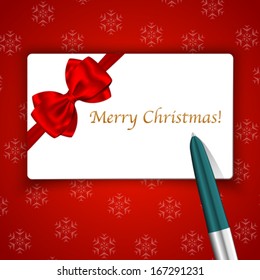 Merry Christmas card and pen on snowflake background. Winter Holidays background or gift/greeting card. Vector illustration