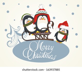 Merry Christmas card with penguins