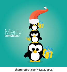 merry christmas card with penguins set. cartoon funny penguins