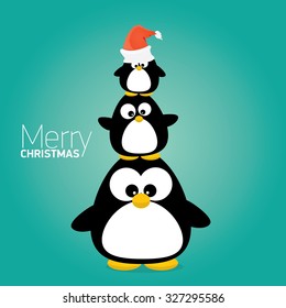 merry christmas card with penguins set. cartoon funny penguins