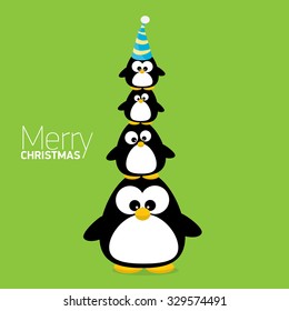 merry christmas card with penguins set. cartoon funny penguins