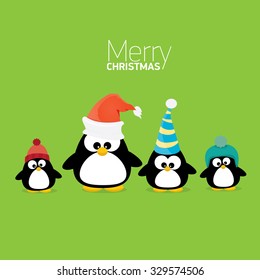 merry christmas card with penguins set. cartoon funny penguins