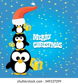 merry christmas card with penguins set. cartoon funny penguins