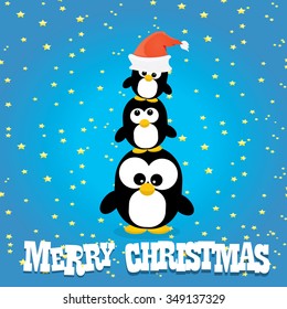 merry christmas card with penguins set. cartoon funny penguins