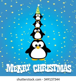 merry christmas card with penguins set. cartoon funny penguins