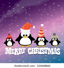merry christmas card with penguins set. cartoon funny penguins