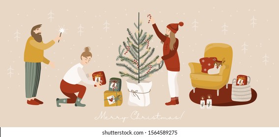 Merry Christmas card with people decorate a tree. Happy family celebrate Christmas. Couple relaxing at home. Horizontal Christmas poster, greeting card, header, website. Vector illustration.