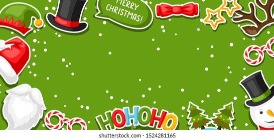 Merry Christmas card with photo booth stickers. Design for festival and party.
