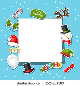 Merry Christmas card with photo booth stickers. Design for festival and party.