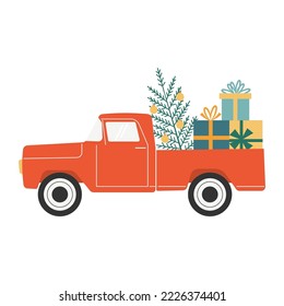 Merry Christmas card with pickup truck, Christmas tree and gifts. Vector illustration.