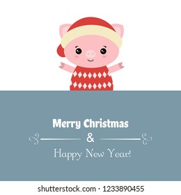 Merry Christmas card with pig. Vector illustration.