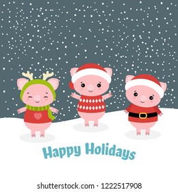 Merry Christmas card with pigs. Vector illustration.