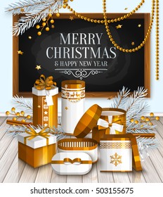 Merry Christmas card. Pile of white and golden wrapped gift boxes, fir branches and yellow berries. Wishing on chalkboard, blackboard. Vector.