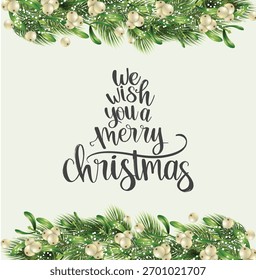 Tarjeta de Feliz Navidad con ramas de pino y bayas blancas