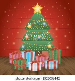 merry christmas card with pine tree and gifts vector illustration design