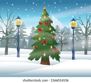 merry christmas card with pine tree in snowscape vector illustration design