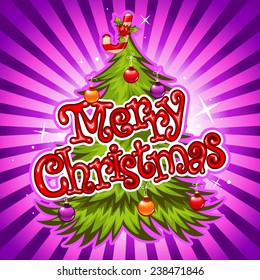 Merry Christmas card with Christmas pine tree over purple burst background