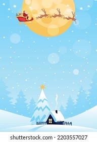 Merry christmas card with place for text. Winter forest landscape, snow-covered house with a Christmas tree, Santa Claus flies in a sleigh through the sky. Vector cartoon full color poster.