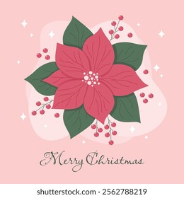 Merry Christmas card with poinsettia flower on pink background. Vector illustration