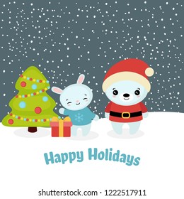 Merry Christmas card with polar bear and rabbit. Vector illustration.