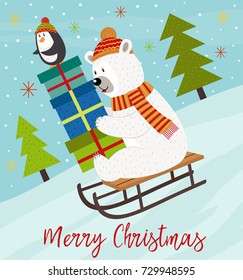 Merry Christmas card with polar bear and penguin on sled - vector illustration, eps