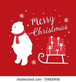 Merry christmas card, Polar bear wears a red scarf and dragging the sleigh. With many gifts vector.
