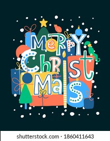 Merry Christmas card, poster with colorful gifts, Christmas tree. Holiday lettering deisgn. Modern trendy style.