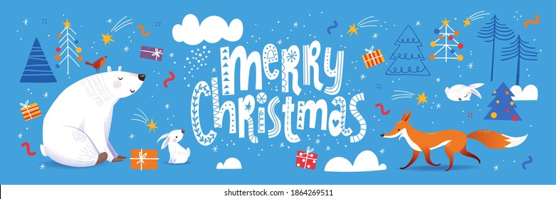 Merry Christmas card, poster or highlight cover with nordic decorative lettering in scandic style and cute animals characters. Cool decorative Christmas winter design, great for any print options. 