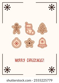 Merry christmas card or poster template. Festive design with gingerbread gingerbread in different shapes. 