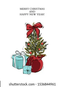 Merry Christmas card with Present near fir evergreen tree with balls and bow decoration, Happy New Year dsign greeting card. Vector sketch hand-drawn art