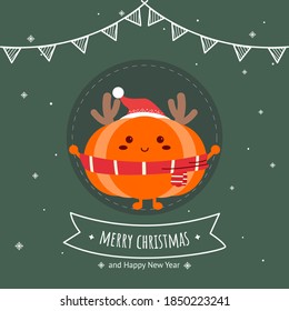 Merry Christmas card. A pumpkin character wearing a santa claus hat. Pumpkin characters wearing reindeer antlers. Happy new year. Illustration vector.