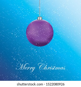 Merry Christmas card with purple christmas ball and snow.