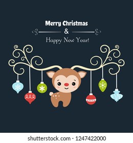 Merry Christmas card with raindeer. Vector illustration.